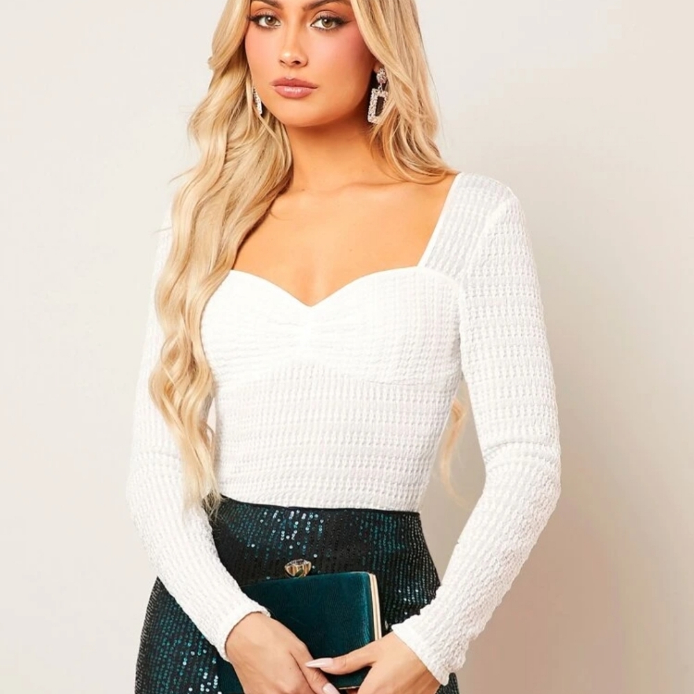 Shein sweetheart neck waffle knit white top size small new